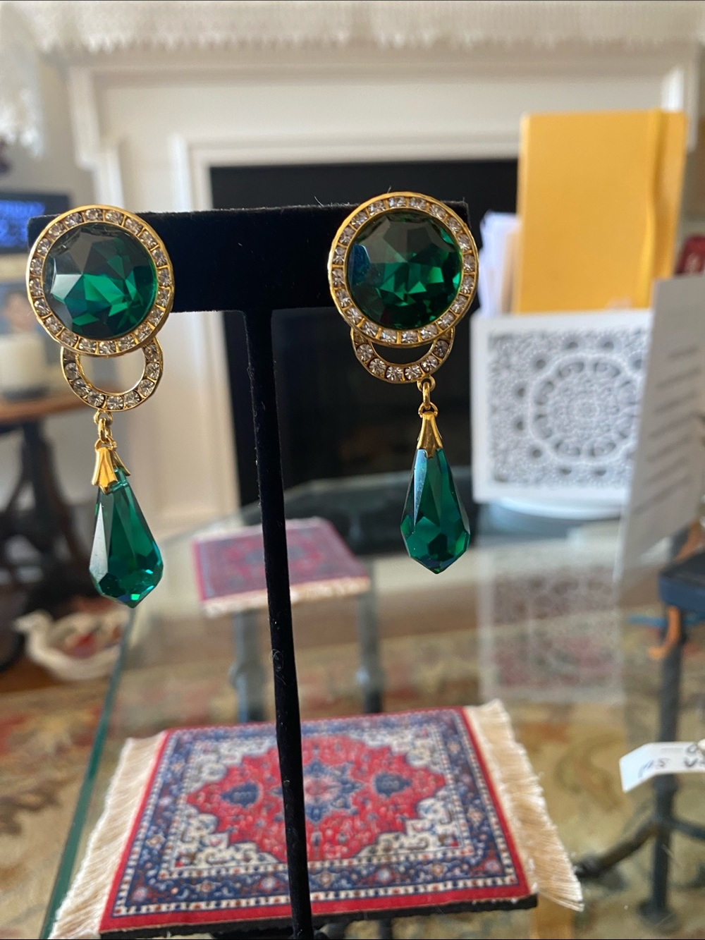 Emerald Green Crystal Drop Earrings - Gold Tone